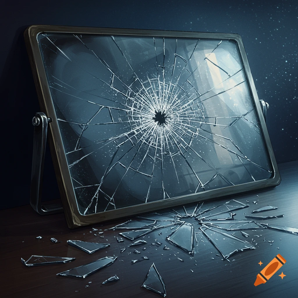 A broken desk mirror with shattered glass scattered on a surface.