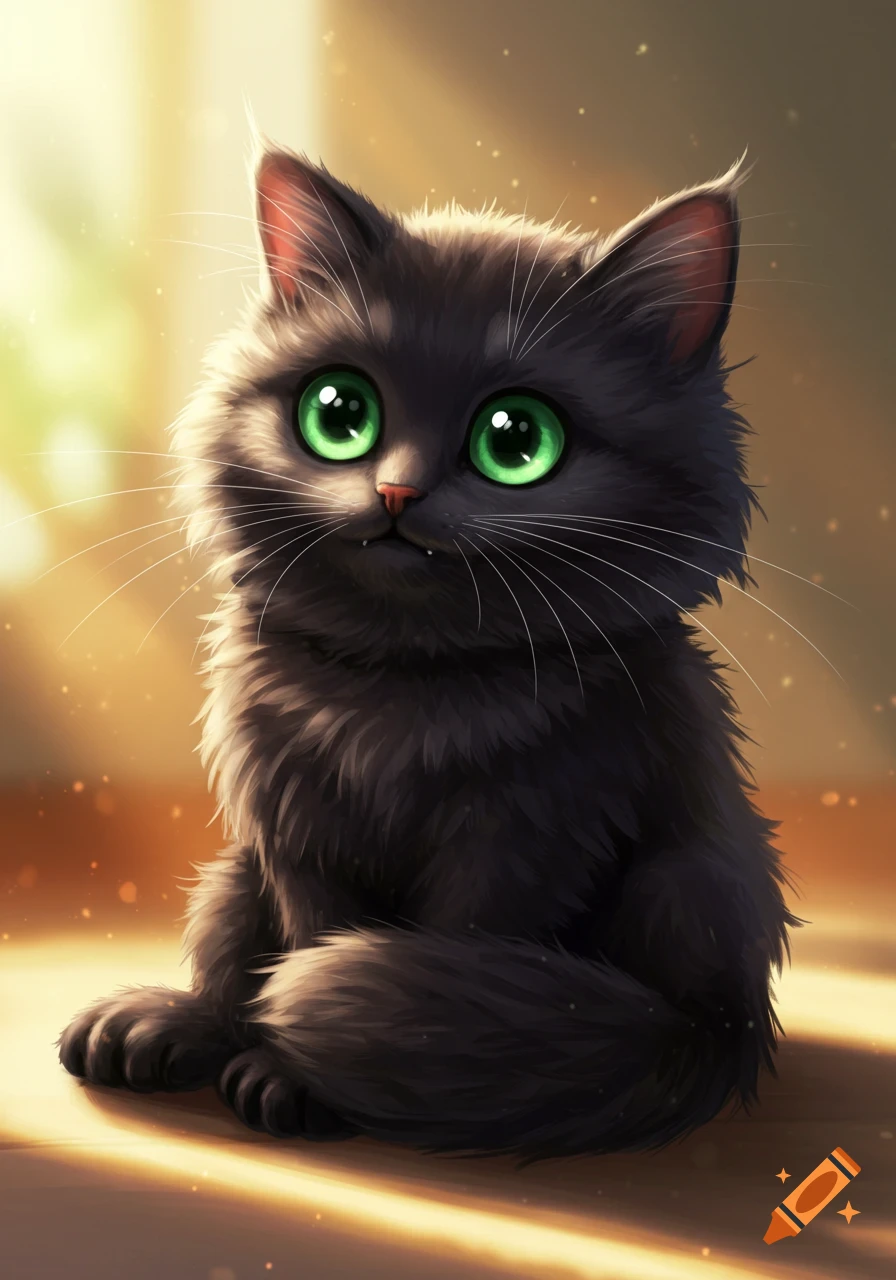 A cute black cat with large green eyes