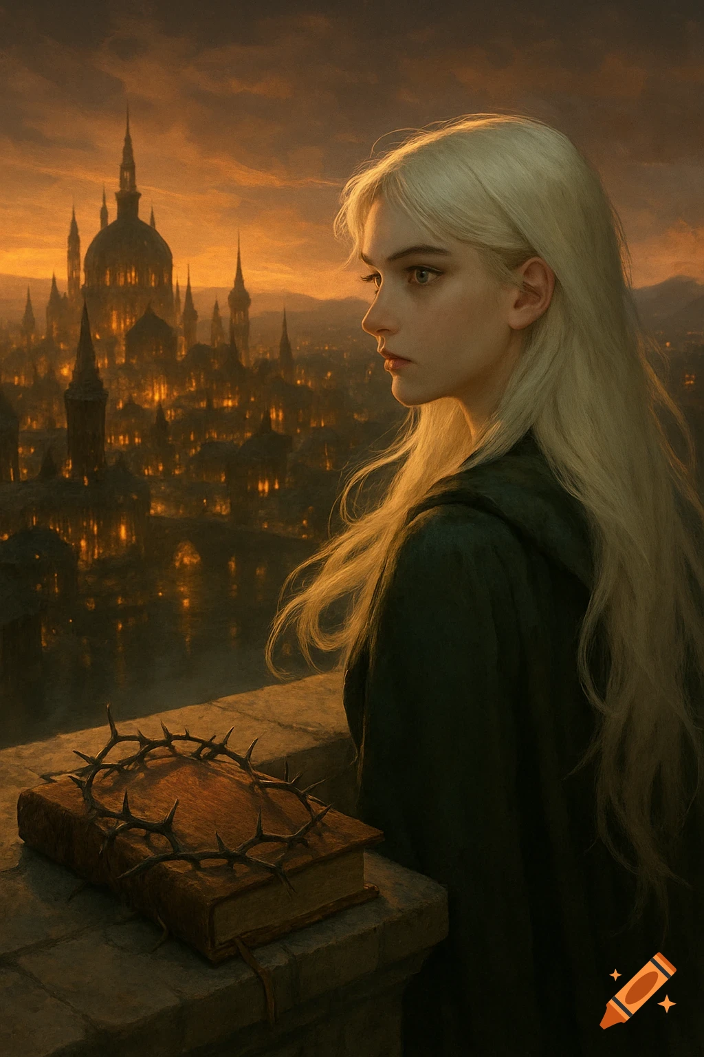 A girl overlooking a glowing fantasy city at sunset with a book and crown of thorns