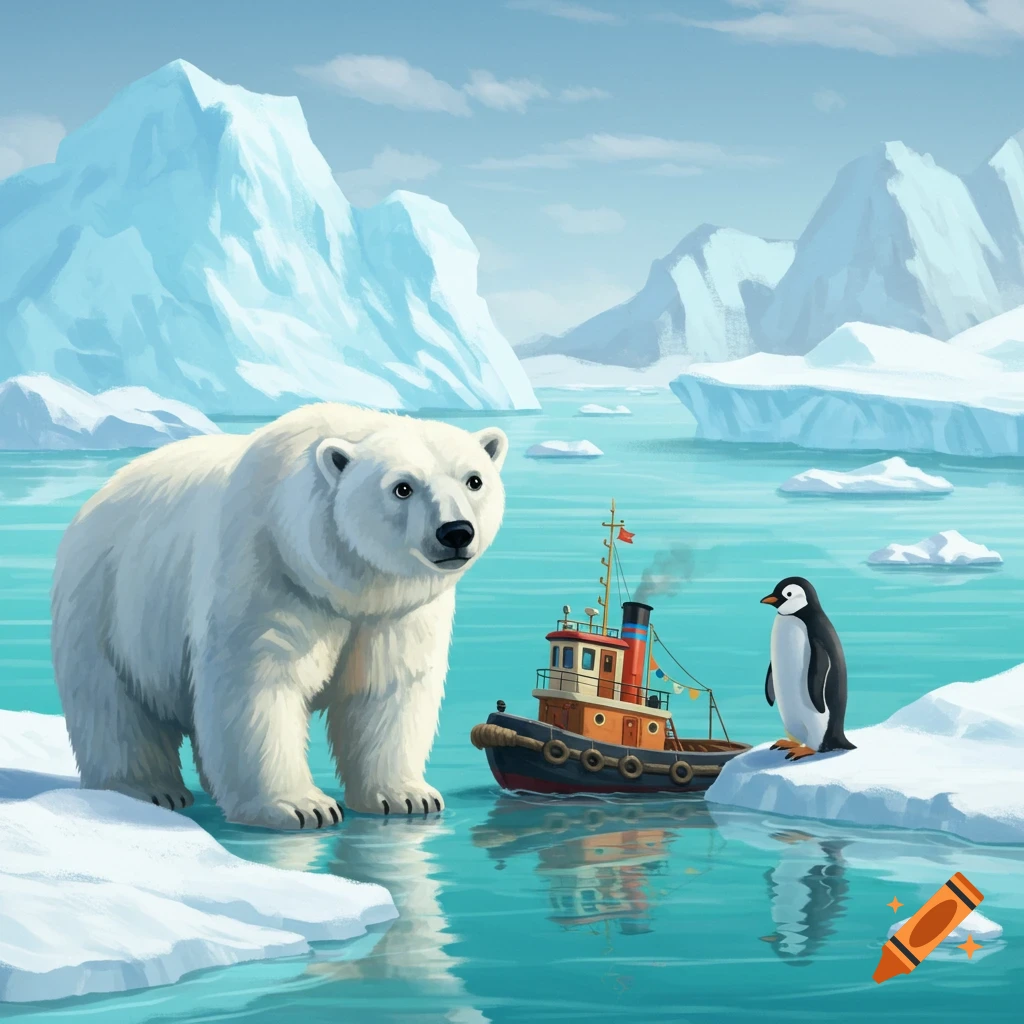 A polar bear and a penguin standing near a tugboat in an arctic landscape with icebergs.