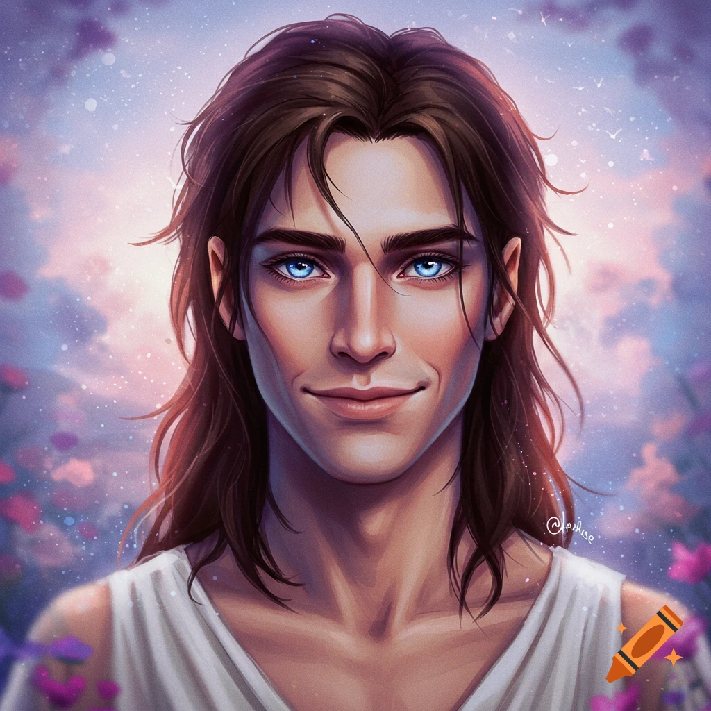 A man with long brown hair and bright blue eyes, smiling against a hazy background of flowers and clouds.