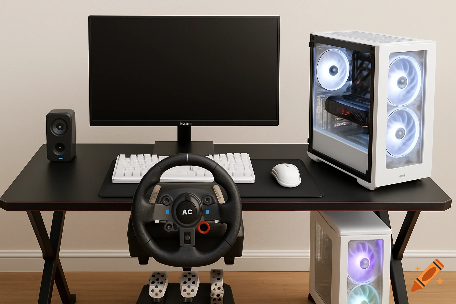 A gaming desk setup with a monitor, keyboard, mouse, racing steering wheel, pedals, and two computer towers.