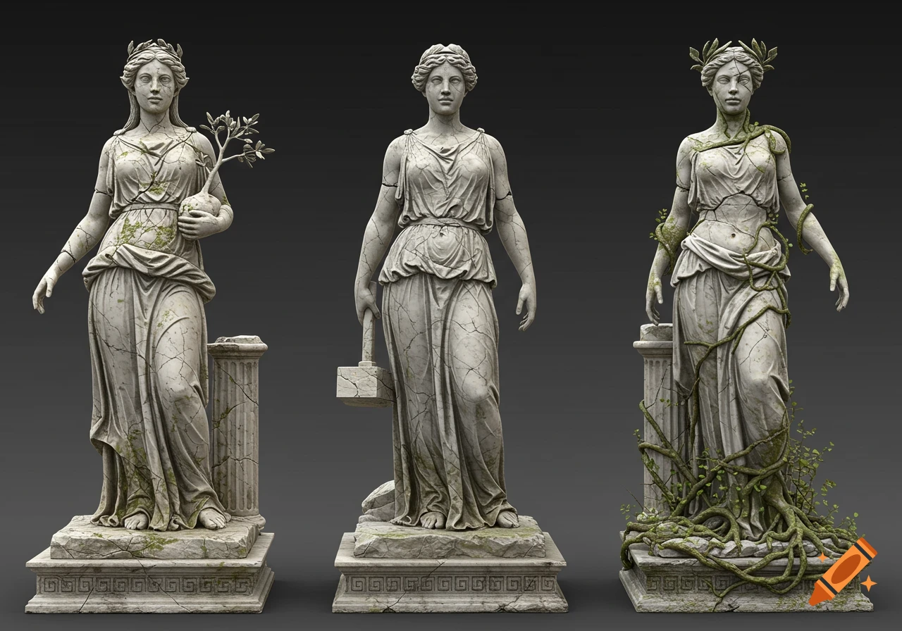 Three weathered marble statues of women (holding a sapling, hammer, and covered in vines) stand on stone bases.