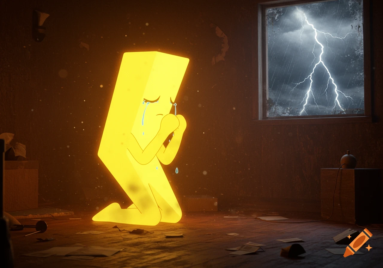 A yellow cartoon figure kneels, praying and crying in a dark room with a stormy window showing lightning.
