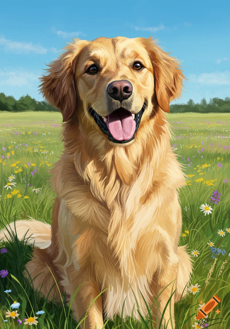 Golden retriever sitting in a field of yellow and purple flowers under ...