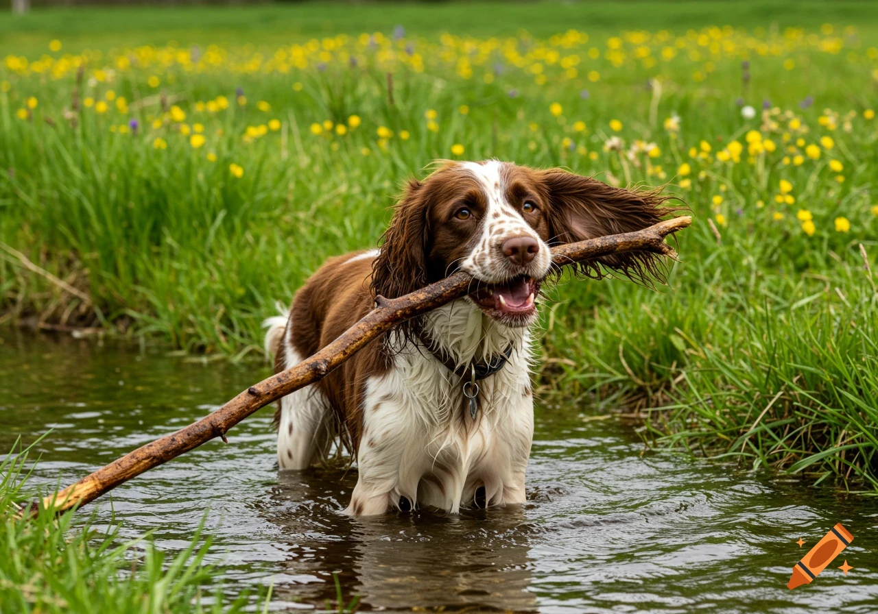 An English Springer Spaniel stands in a stream, holding a stick in its mouth in a field of grass and yellow flowers.