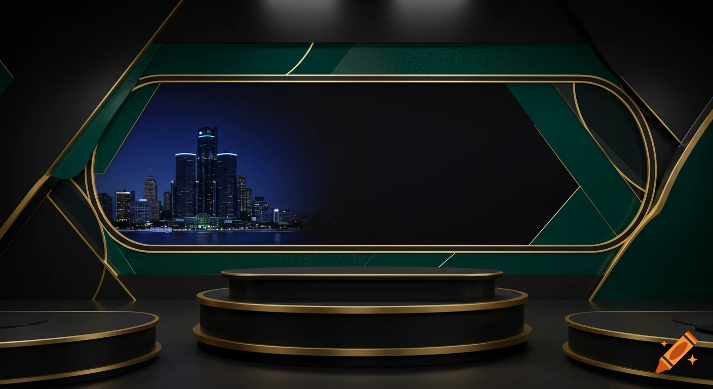 Dark virtual studio background with green and gold geometric shapes, platforms, and a night cityscape view.