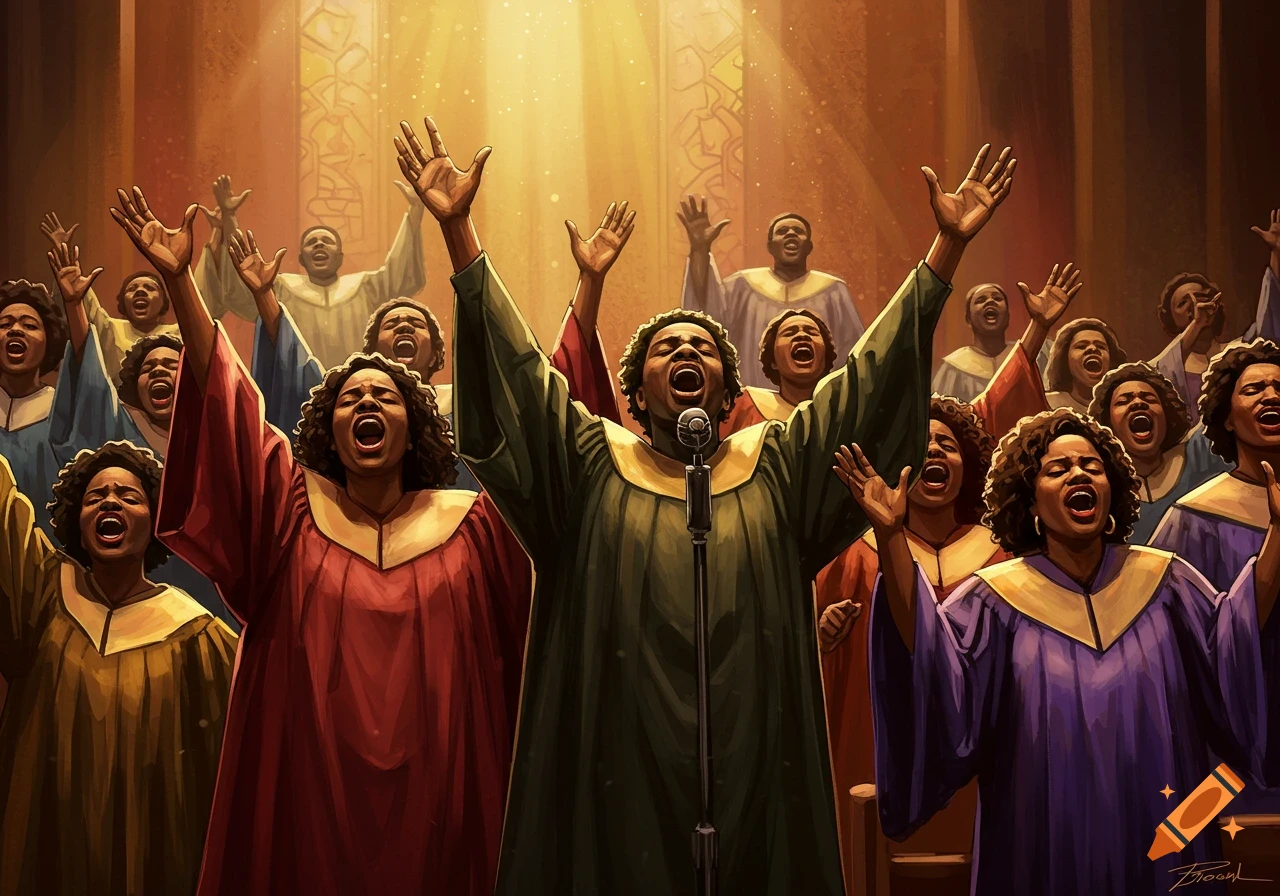 A choir singing and raising hands in a church with light rays streaming in.