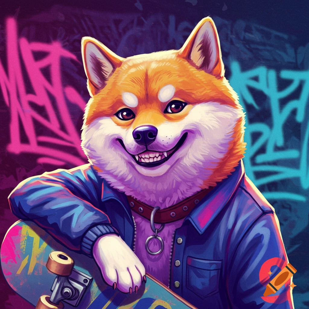 A Shiba Inu dog in a denim jacket holds a skateboard in front of a graffiti background.