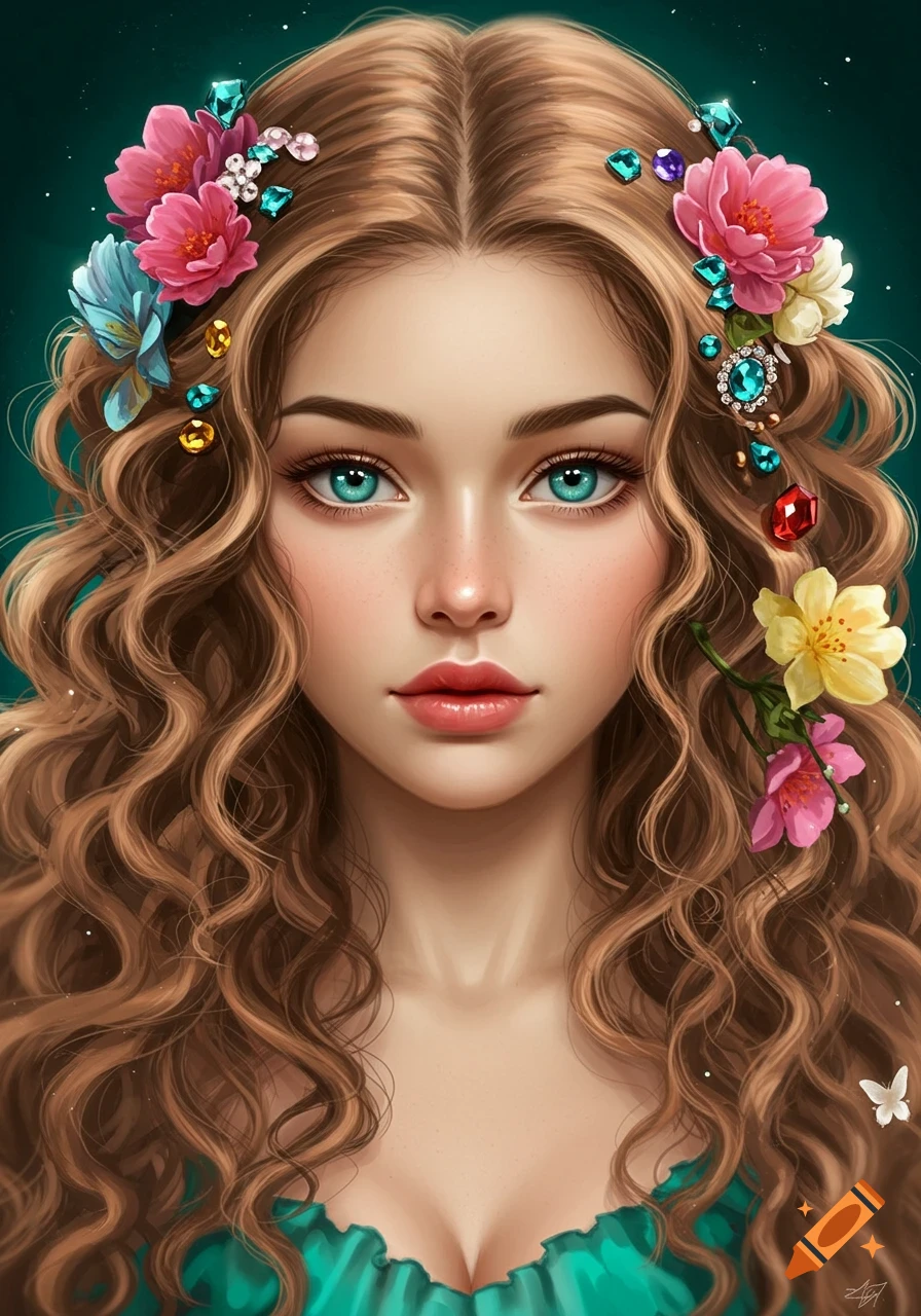Beautiful girl with curly light brown hair adorned with colorful flowers and jewels, and bright teal eyes.
