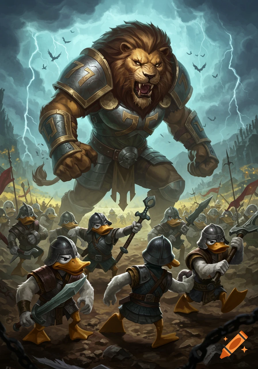 A giant armored lion battling an army of duck warriors under a stormy, lightning-filled sky.