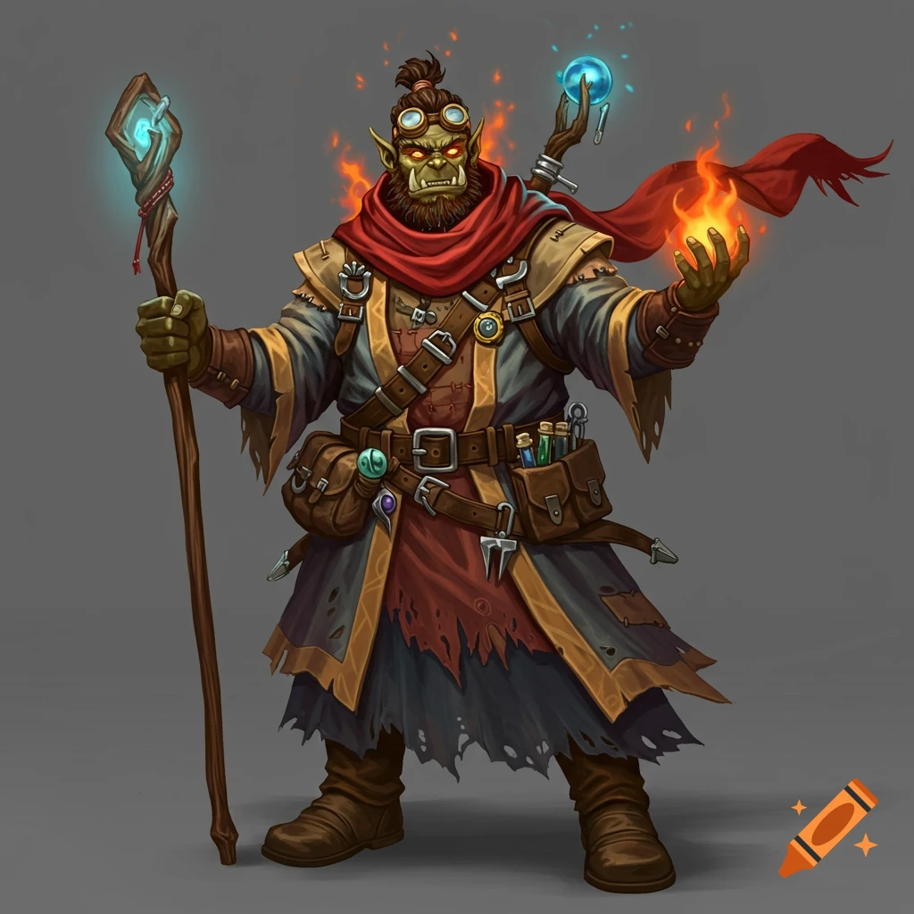 A fantasy orc wizard holds a staff and casts magic.