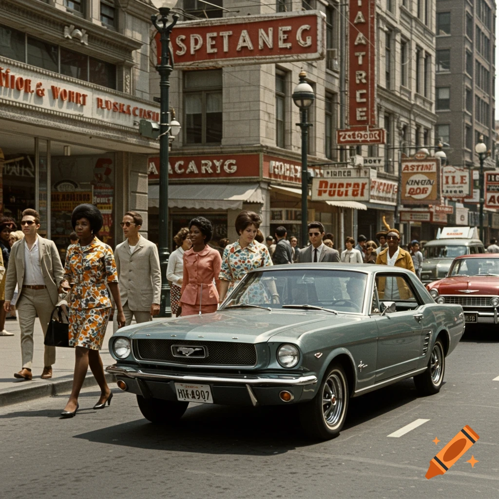 1960s street scene with people, a classic Mustang car, and vintage buildings with signs.
