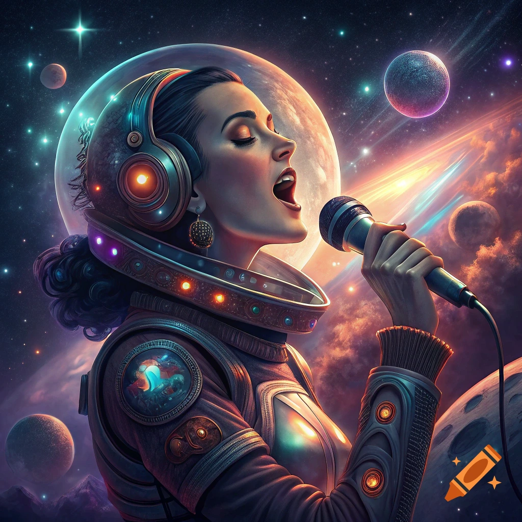 Woman in futuristic space suit sings into a microphone in a cosmic scene with planets and stars.