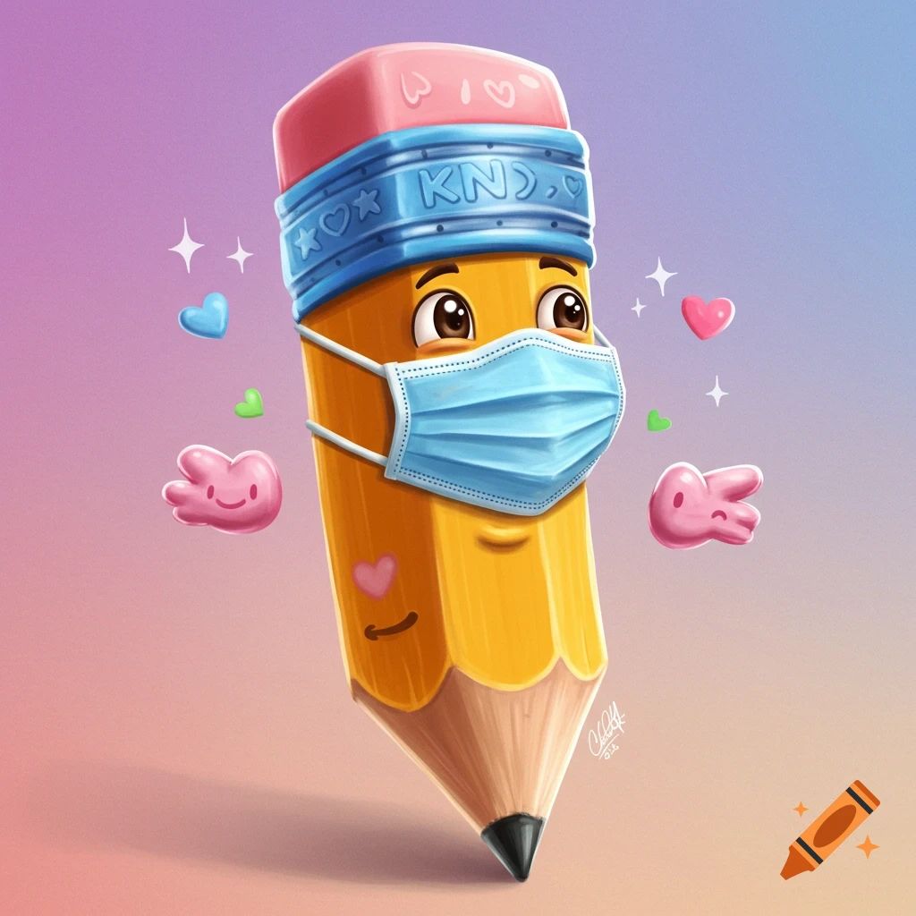 Cute cartoon pencil character wearing a blue medical mask, with floating hearts and sparkles.