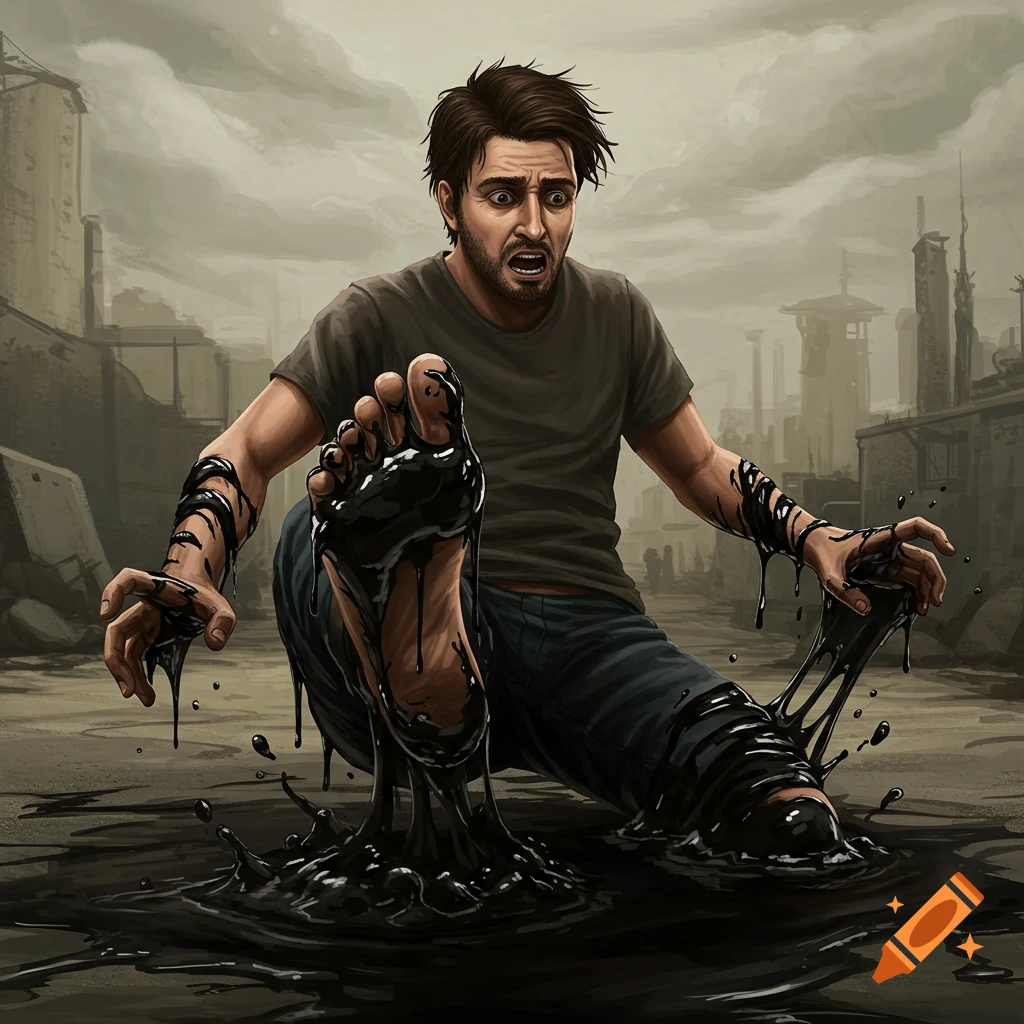 A man struggles in a pool of black tar, stuck from the waist down, with tar coating his limbs.