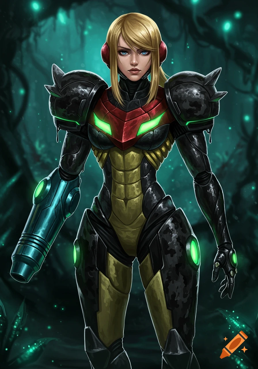 Samus Aran in her power suit against a dark, alien background.