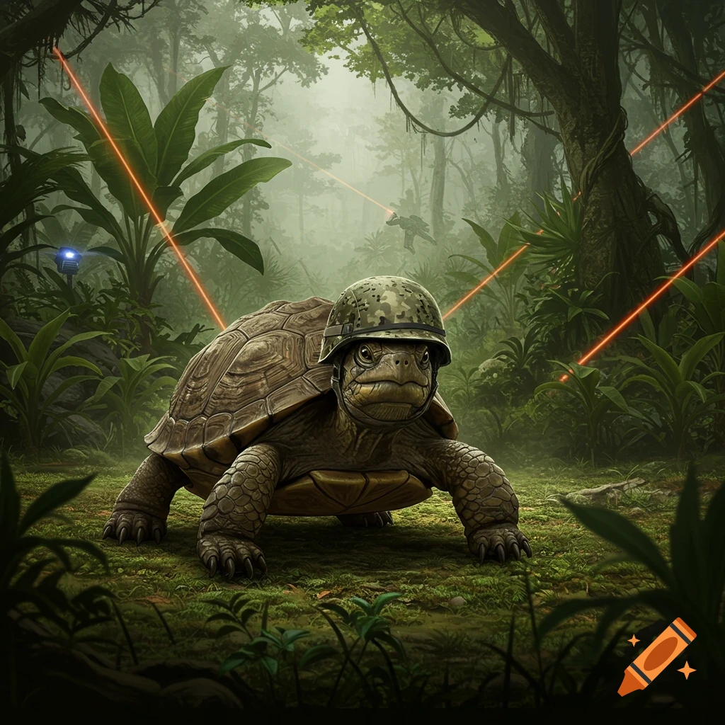 Tactical turtle wearing a military helmet in a jungle with laser beams.