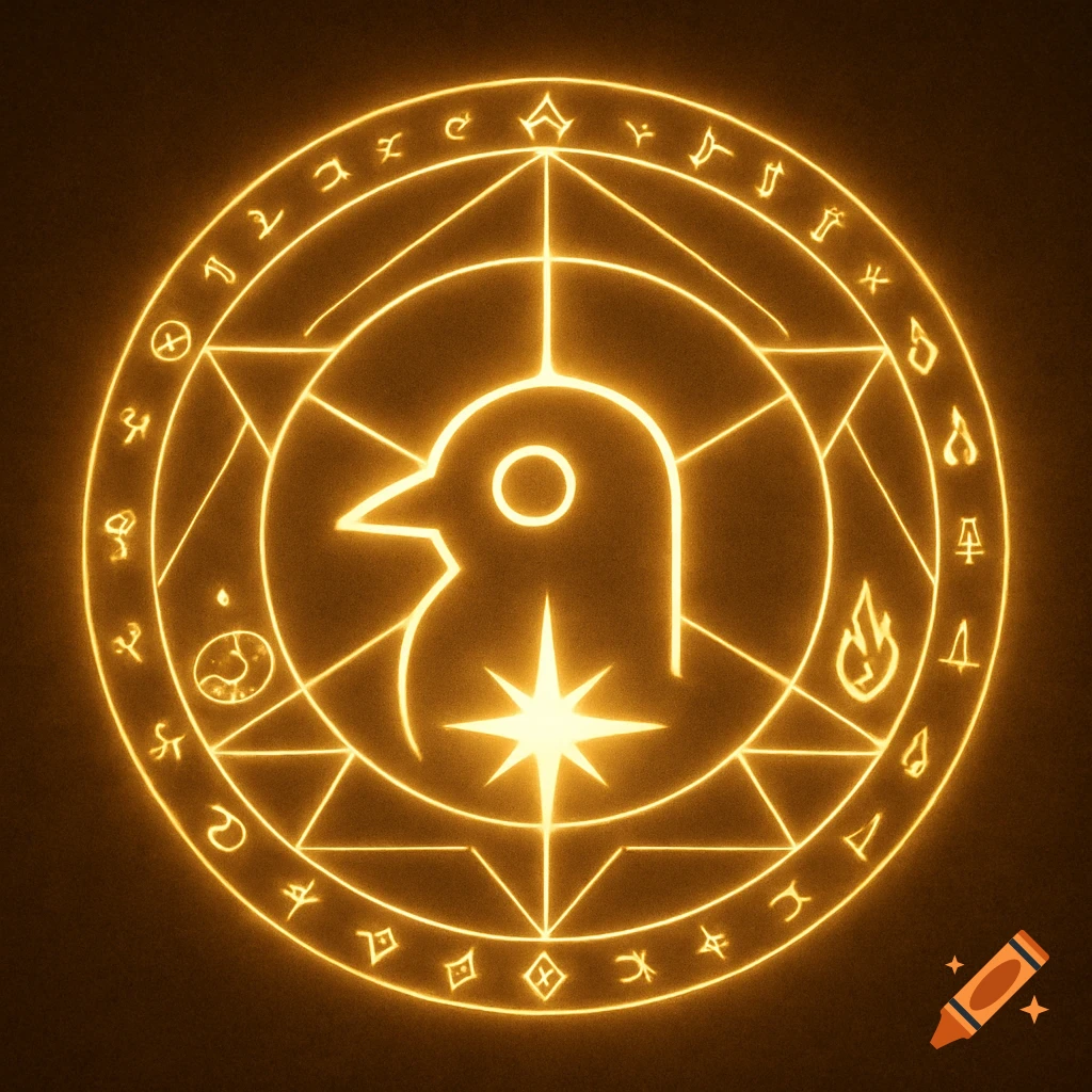 A glowing golden magical symbol with a bird shape and symbols within a circle.