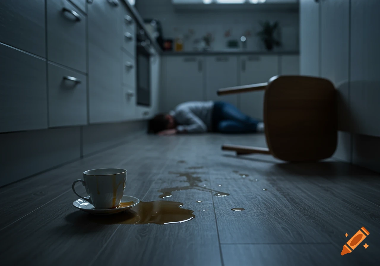 Photorealistic image of spilled tea and an overturned chair on a kitchen floor, with a blurred figure of a person lying on the floor in the background.