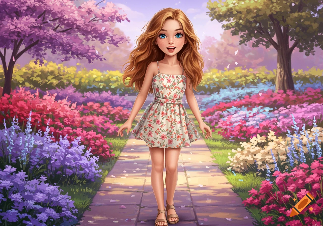 A young girl in a floral dress walks on a path in a vibrant summer garden.