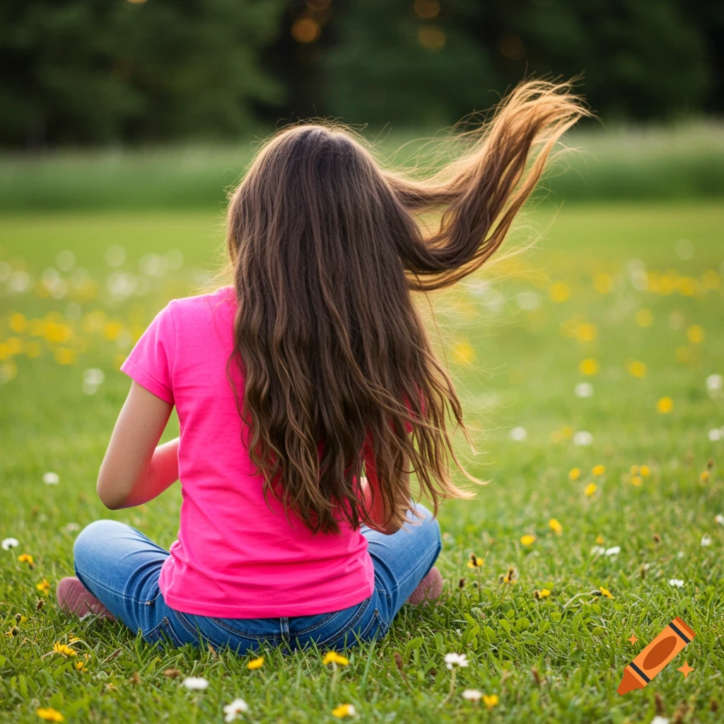 Young girl sitting in a grassy field with wildflowers, her long hair blowing in the wind. Photorealistic style.