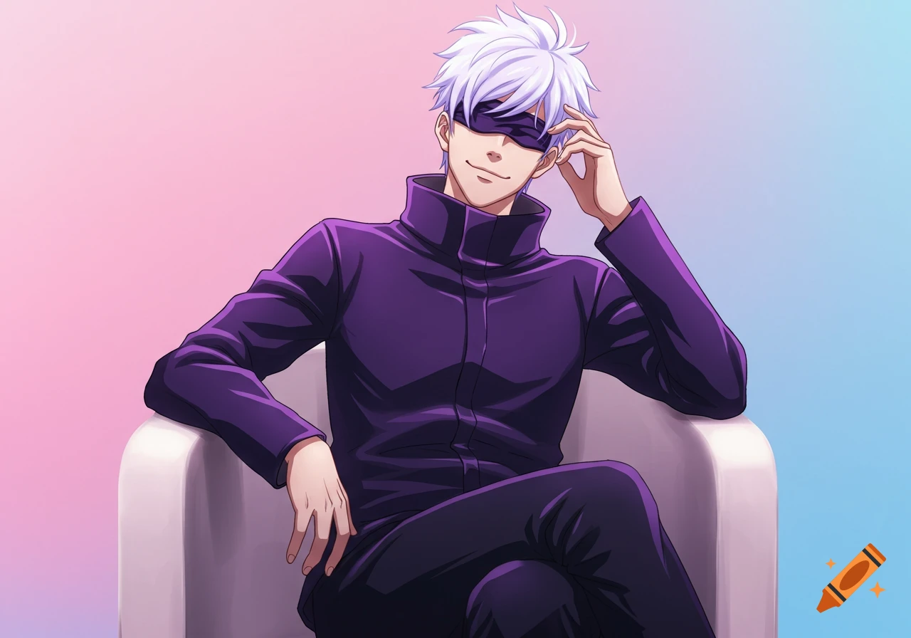 An anime character with white hair and blindfold sits in a chair, hand on head.