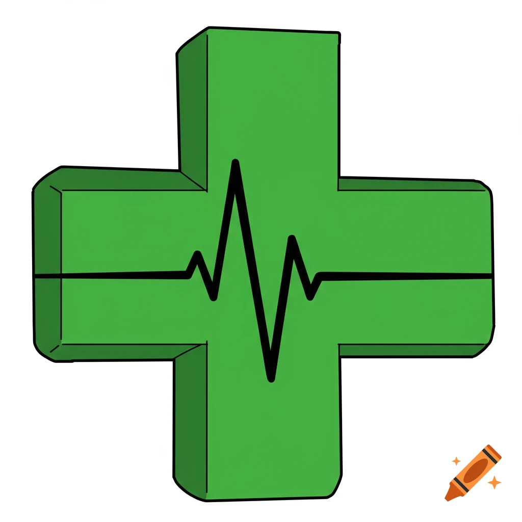 Illustration of a green medical cross with a black heartbeat line inside.