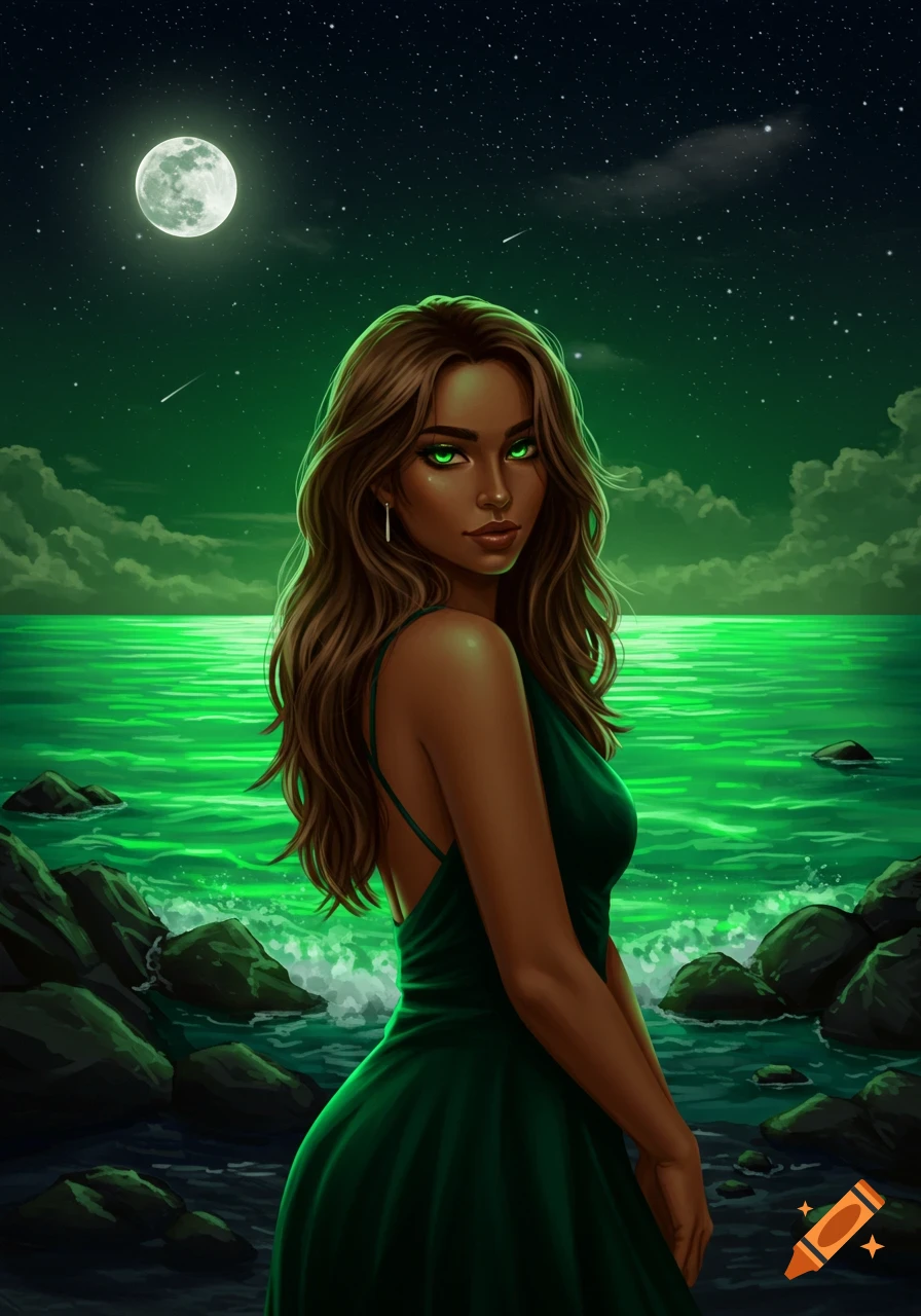 A woman with glowing green eyes standing by a neon green ocean at night under a full moon and stars.