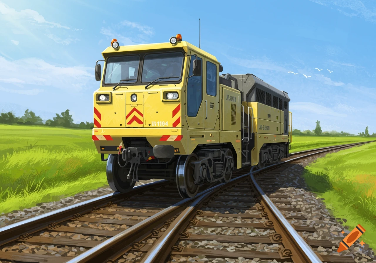 A yellow railroad inspection machine on tracks in a green field.