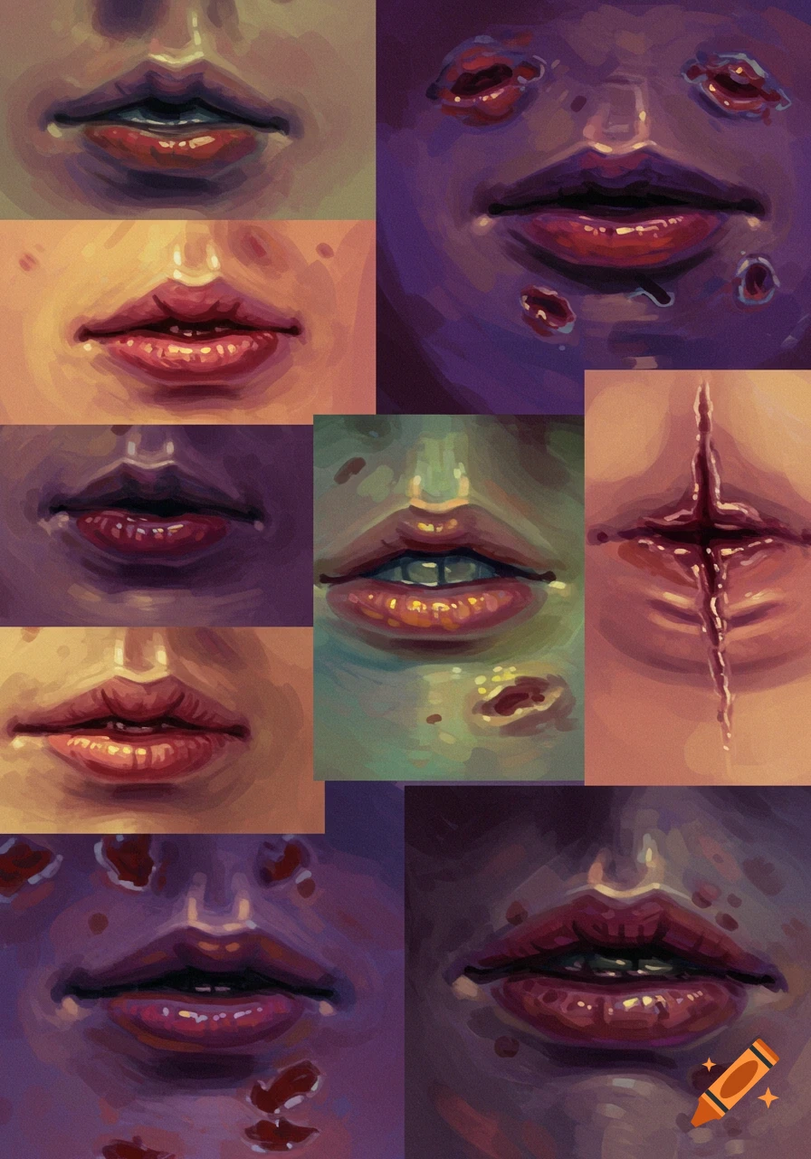 Close-ups of mouths with bruises and a scar.