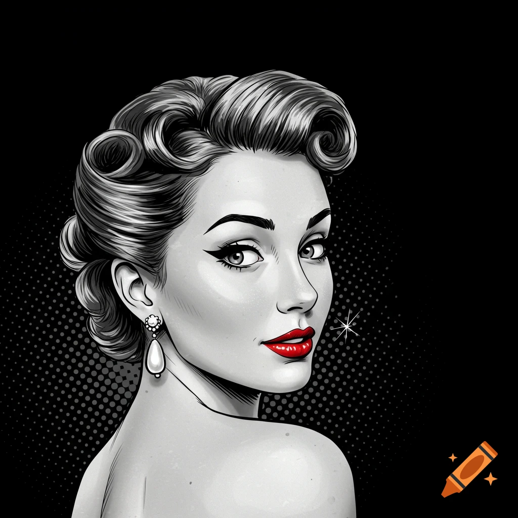 Black and white retro comic style portrait of a woman looking back with red lipstick and a pearl earring.