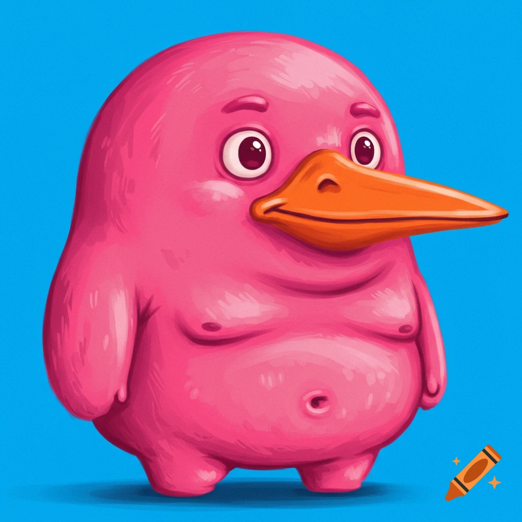 A round, pink creature with an orange beak.