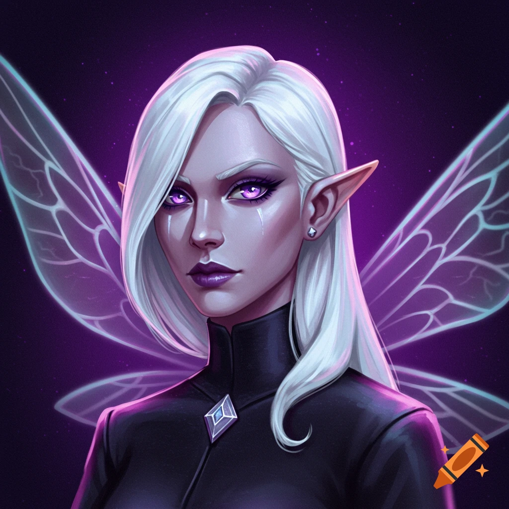 A fantasy woman with white hair, purple eyes, elf ears, and glowing fairy wings against a dark, starry background.