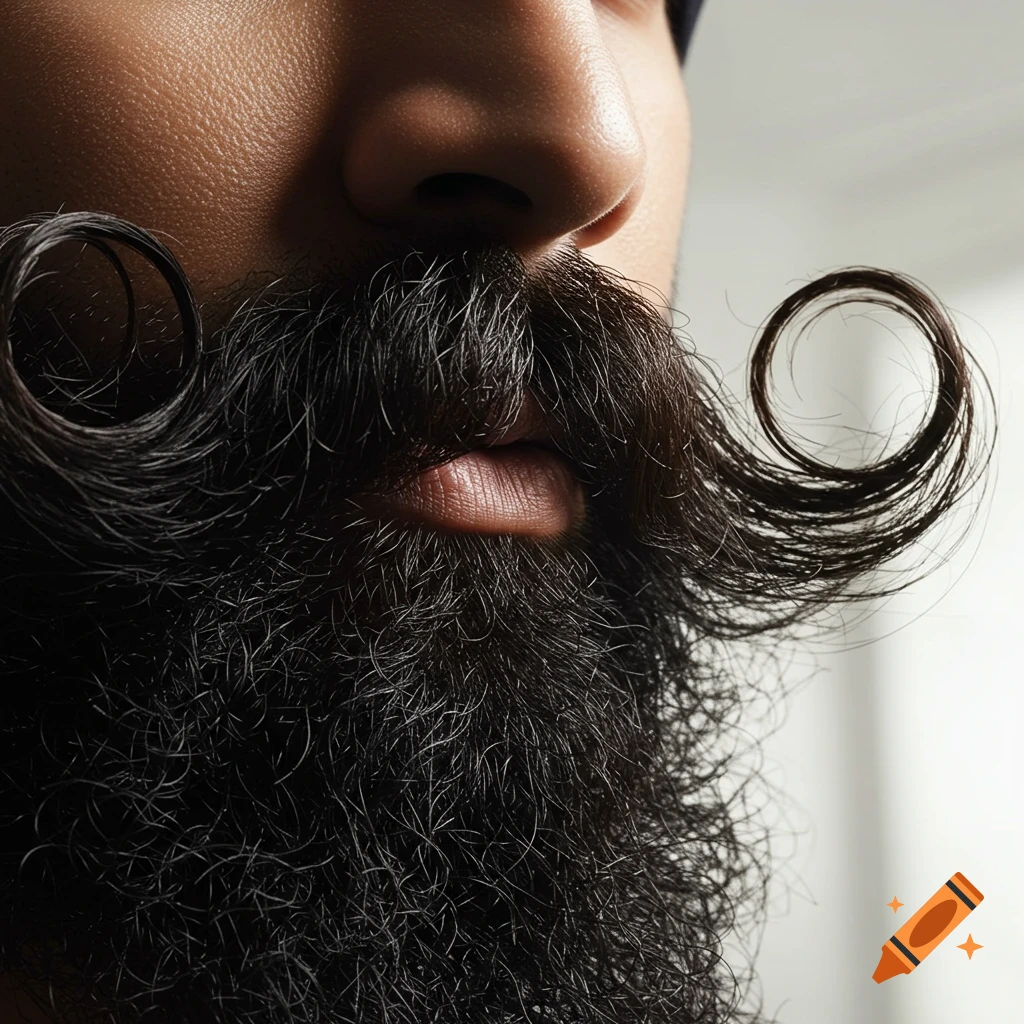 Close-up of a man with a large, curly mustache and beard.