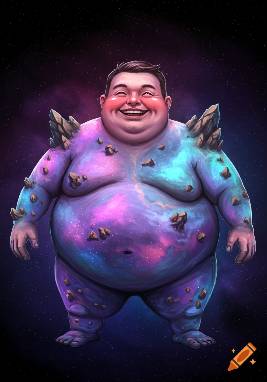 Cartoon character shaped like a planet with a galaxy pattern and rocks on his body, standing in space.