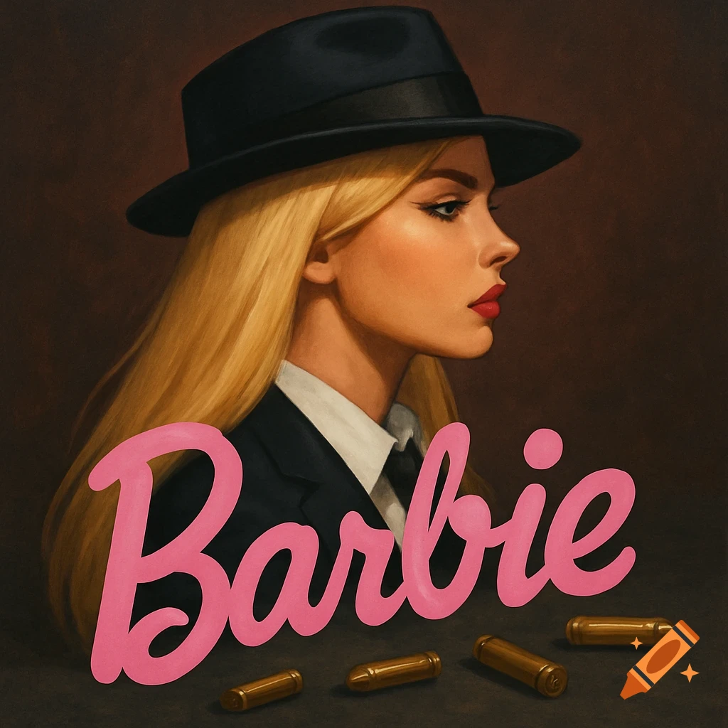 A woman in a suit and fedora with blonde hair. Bullet casings are on the ground, and the word 'Barbie' is visible.