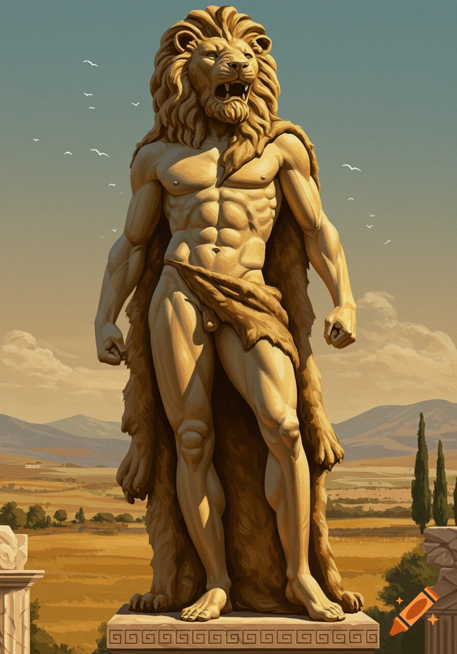 A large statue of Heracles wearing a lion skin against a landscape background.