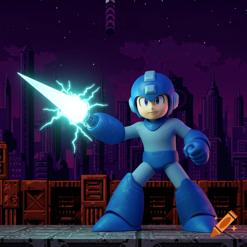 Mega Man character holds his arm cannon charged with energy in front of a city skyline.