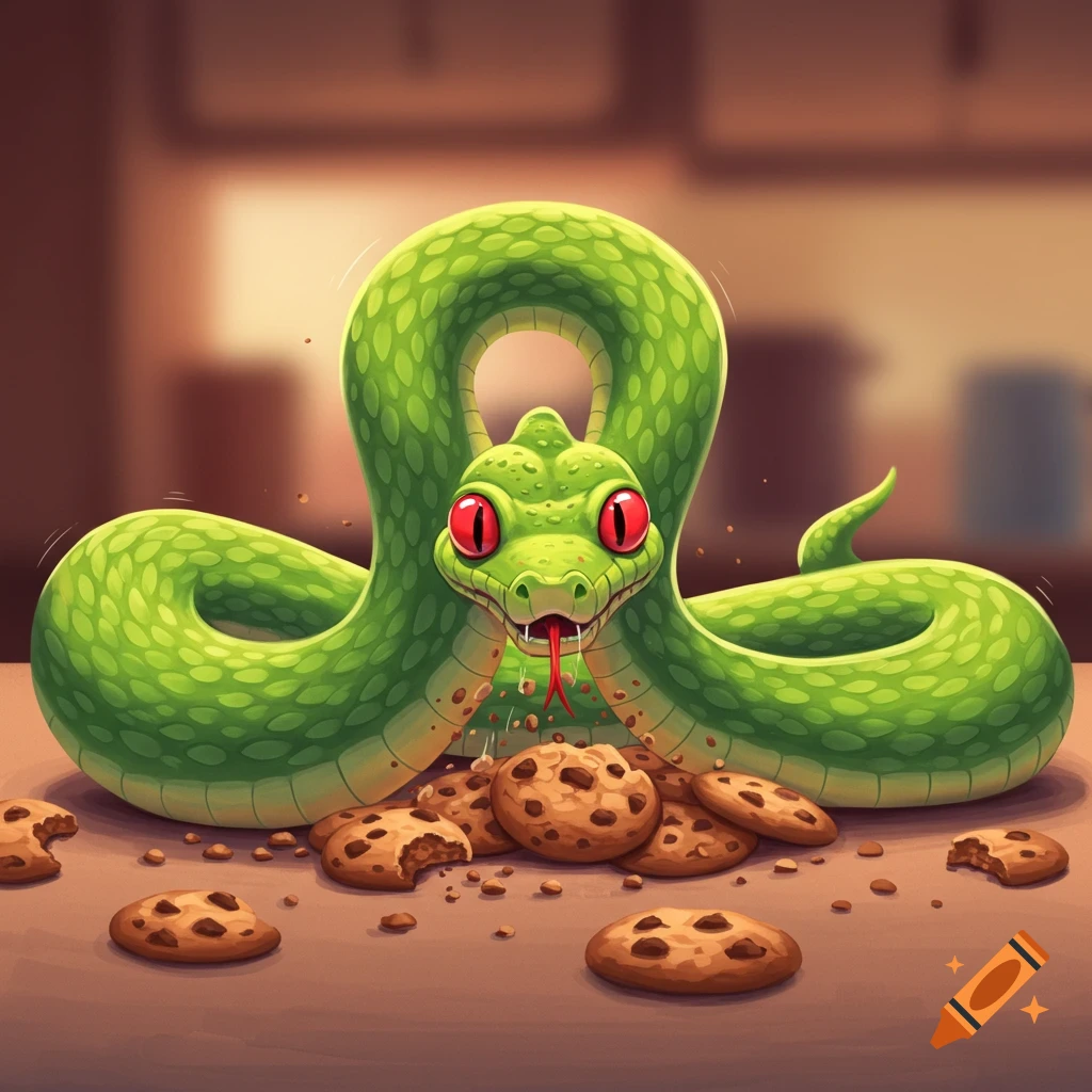 A green cartoon snake with red eyes surrounded by chocolate chip cookies.