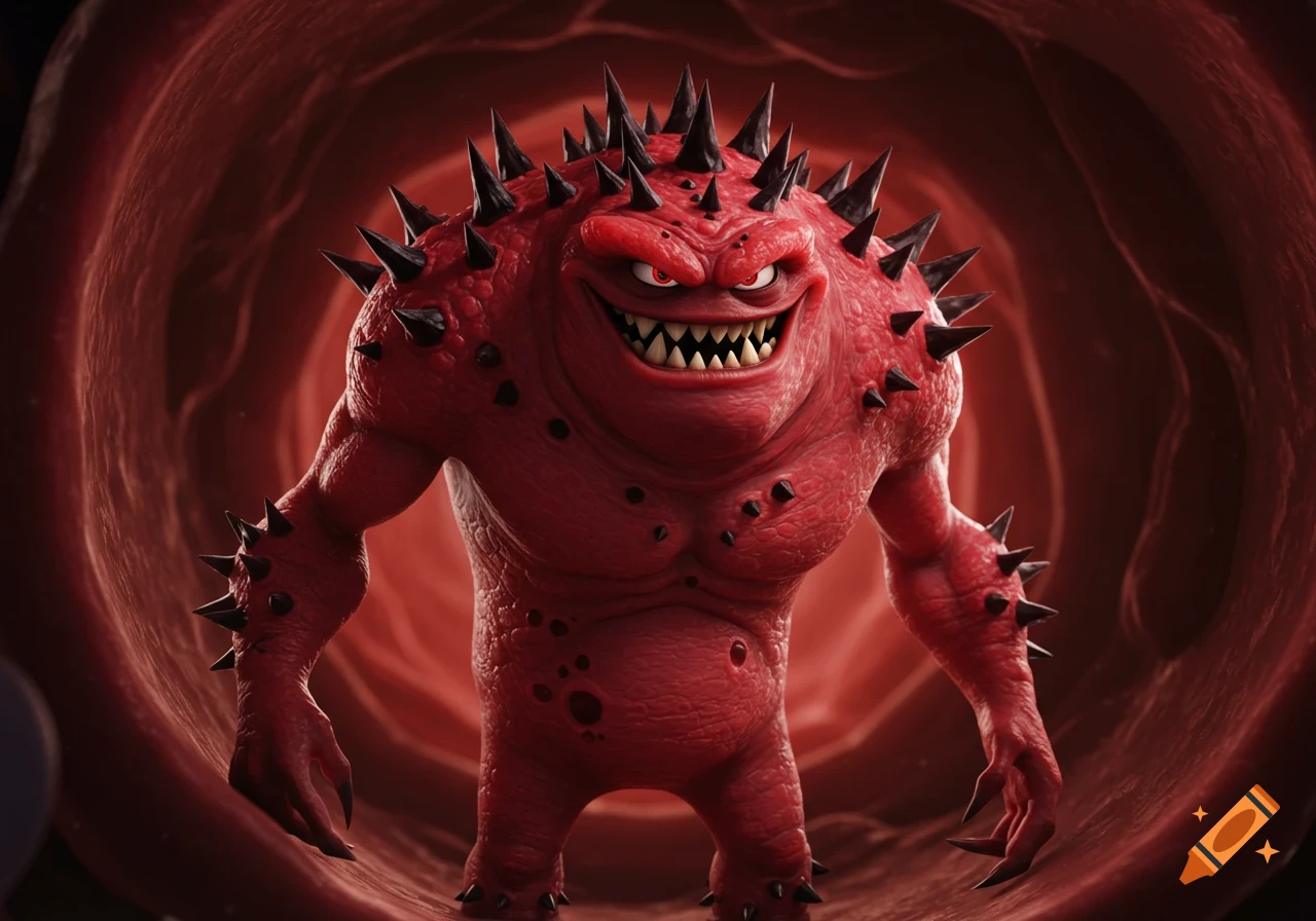 Red spiky cartoon monster with sharp teeth inside a fleshy tunnel.