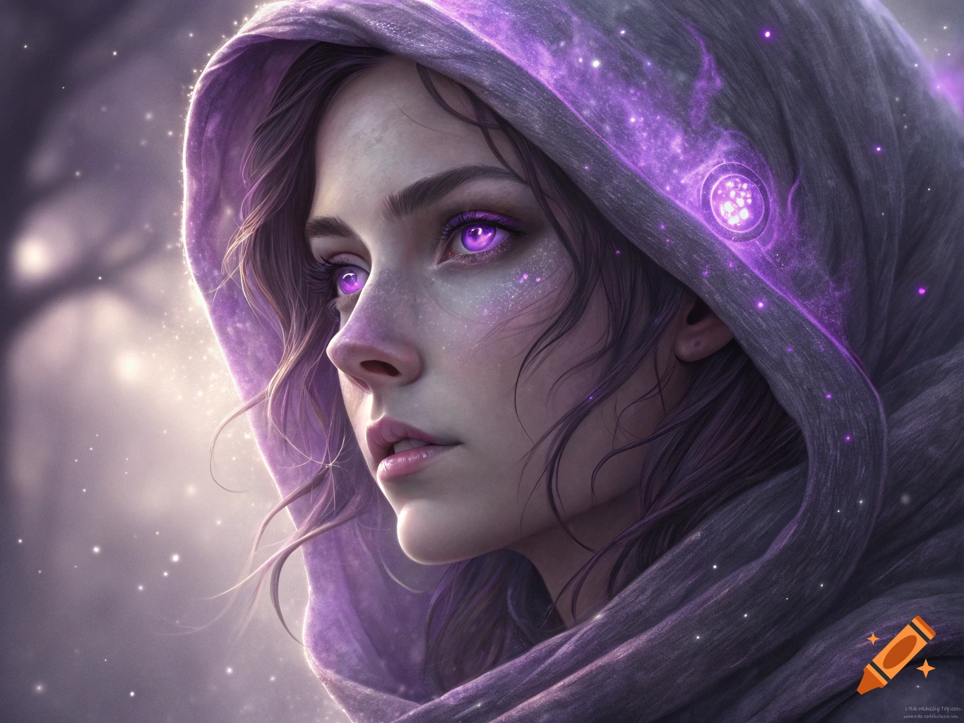 Fantasy art portrait of a person with glowing purple eyes and a hood, surrounded by sparkling purple energy.