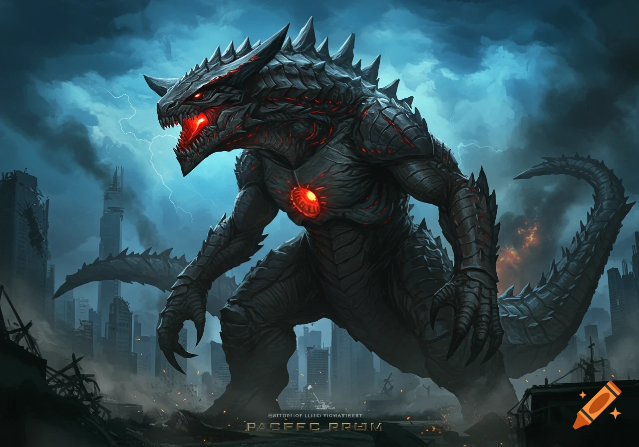 A massive black kaiju with glowing red eyes and chest stands in a destroyed city under a stormy sky.