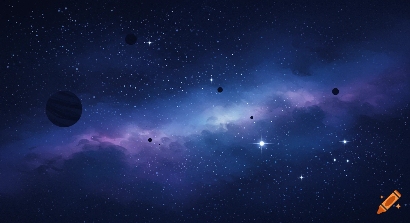 A dark blue and purple galaxy with stars and planets.