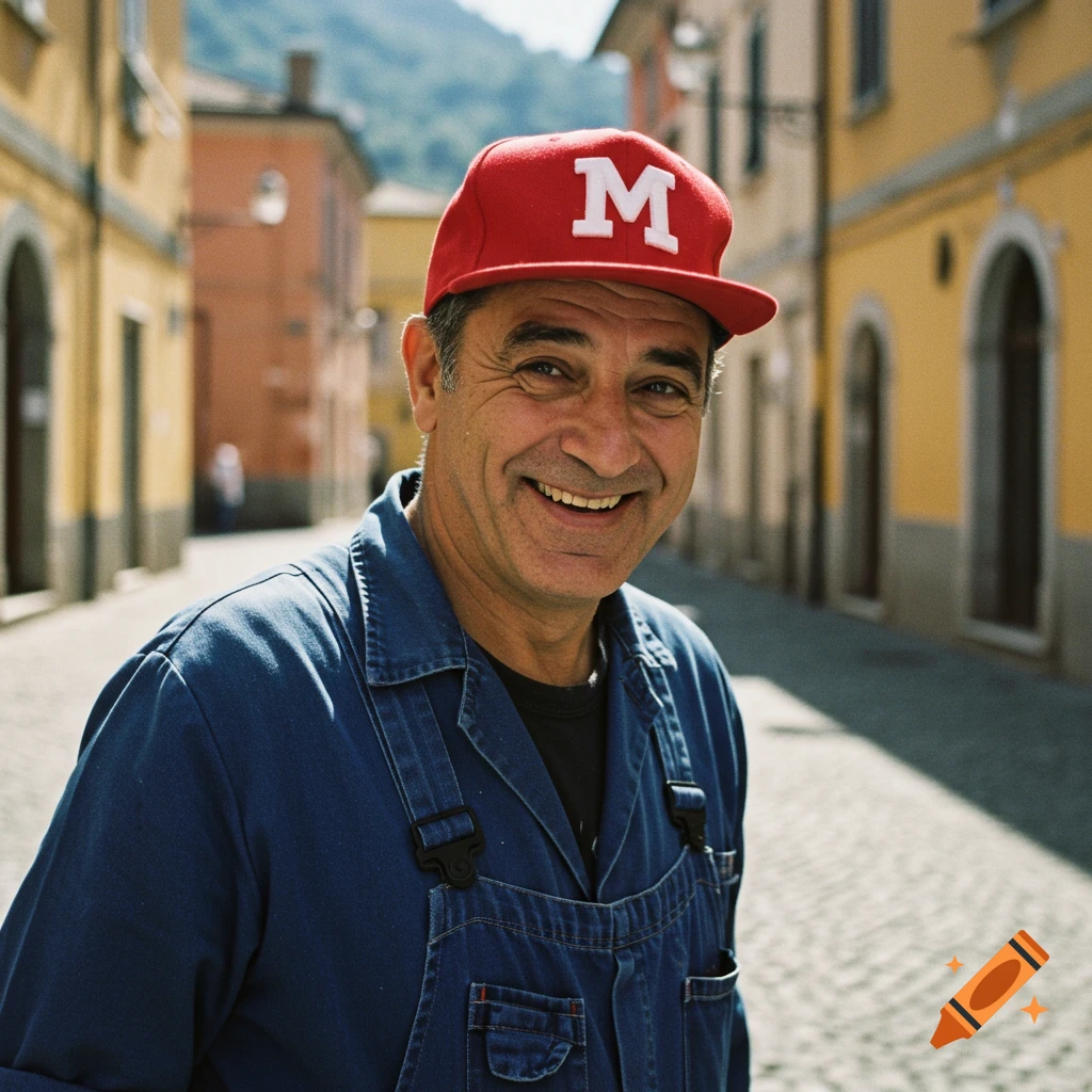 A smiling man in blue overalls and a red cap with a white 'M' stands on a street.