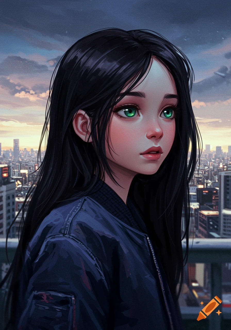 Anime-style portrait of a young woman with green eyes overlooking a city at dusk