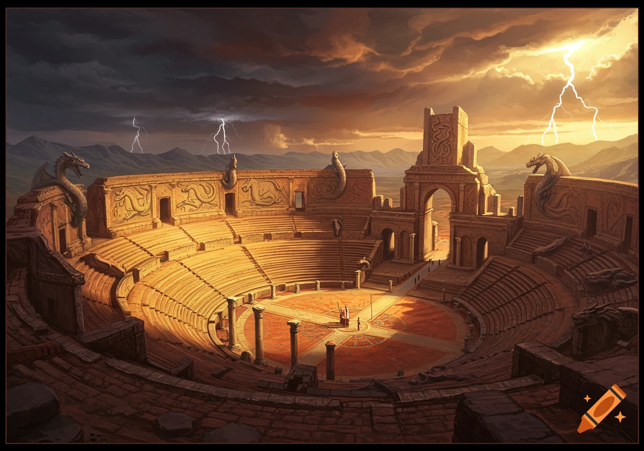 A vast, ruined ancient amphitheater with dragon carvings, under a stormy sky with lightning.