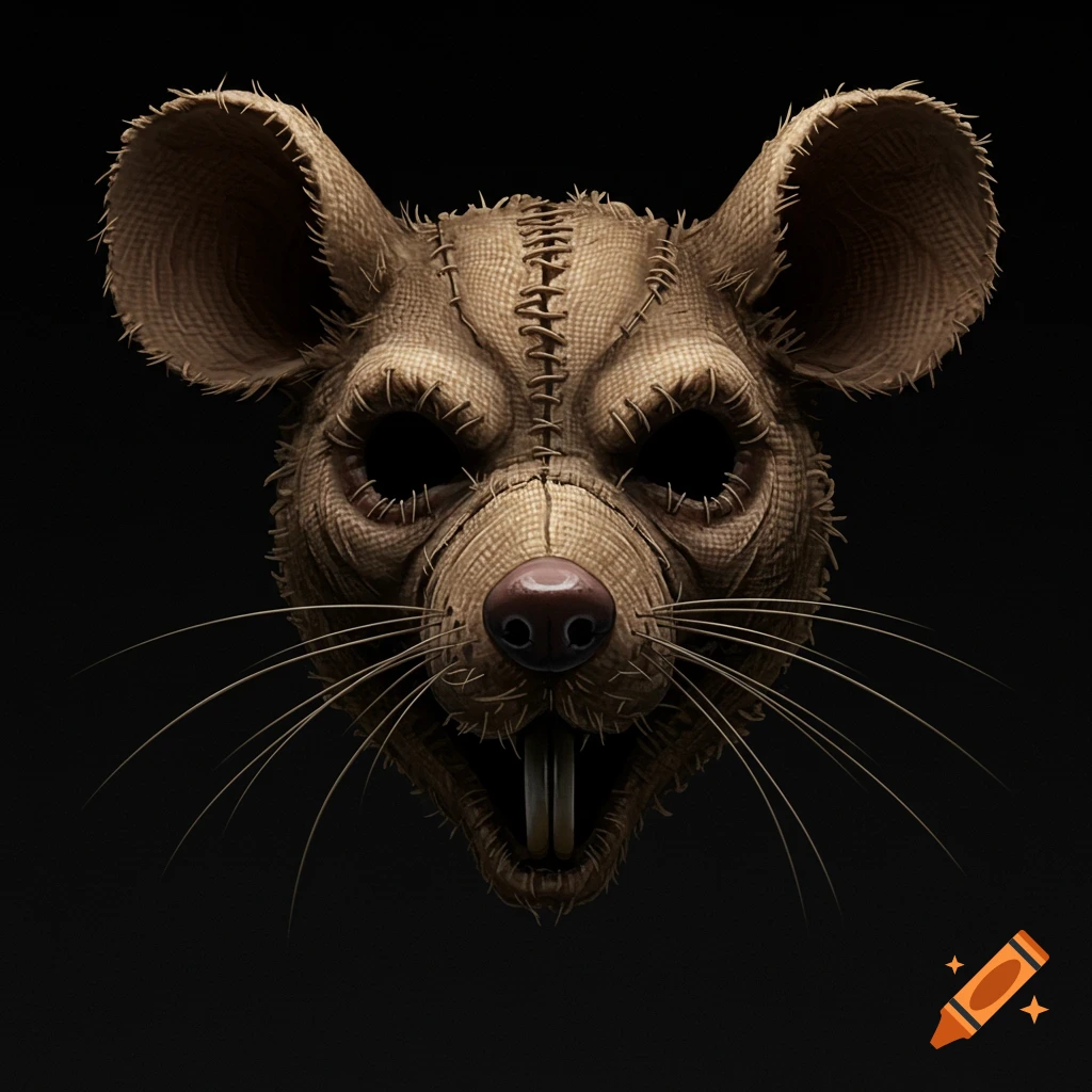 A burlap rat mask with stitched seams and whiskers on a black background