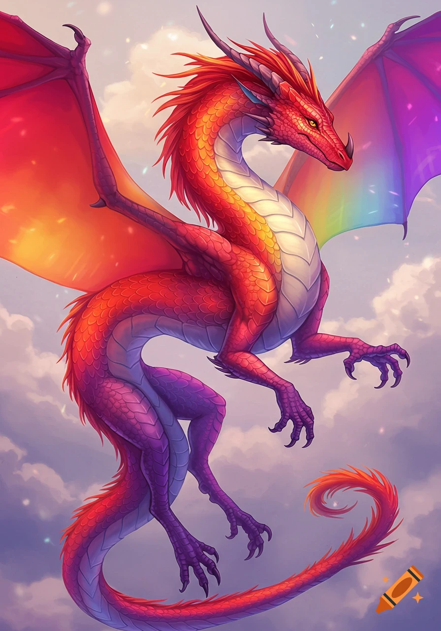 A vibrant rainbow-colored dragon flies through a cloudy sky.