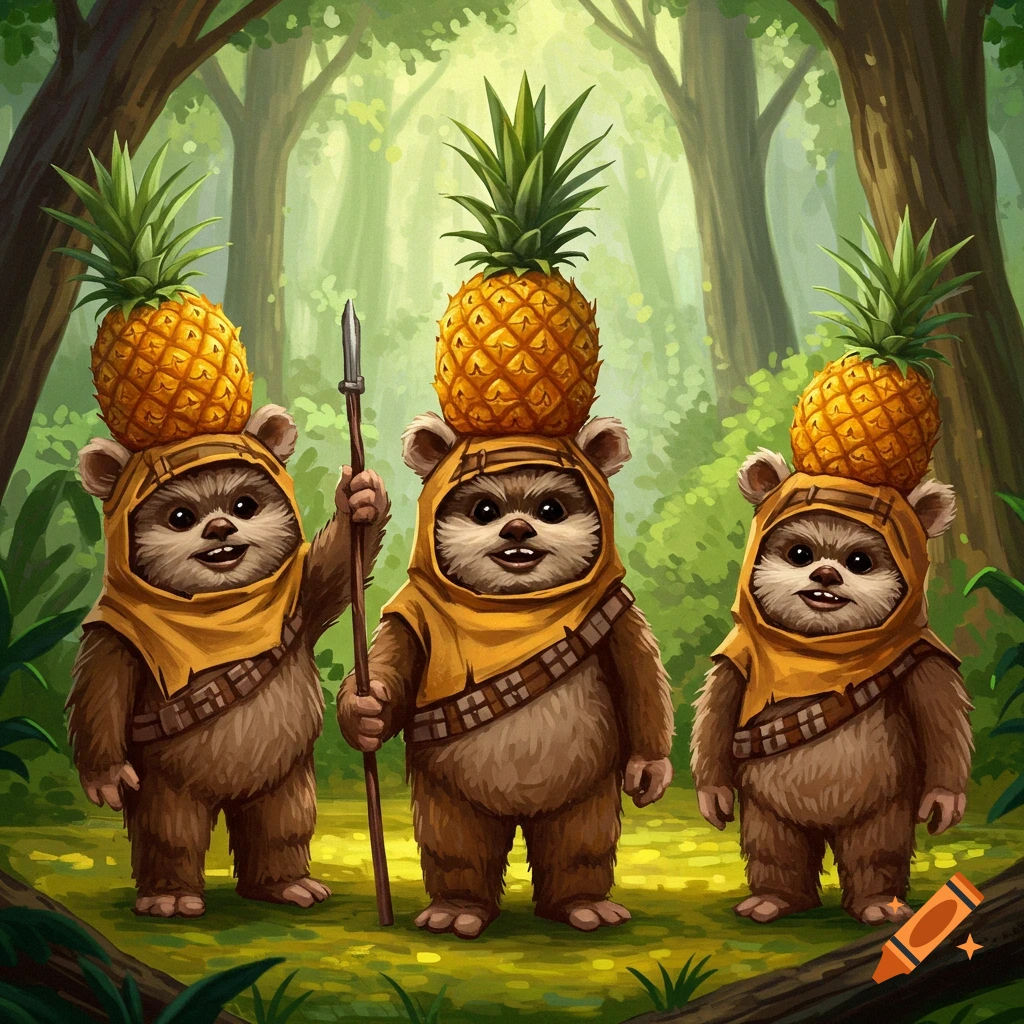 Three ewoks in a forest, each balancing a pineapple on their head. One holds a spear.